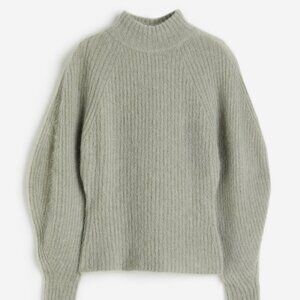 H&M Mohair Blend Rib Knit Crew Smock Neck Sweater Gray Green Sz XS